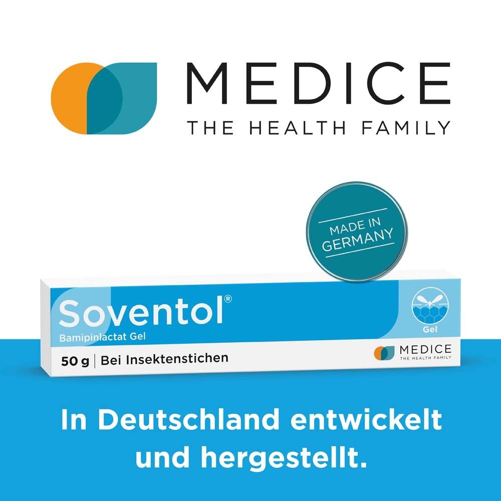 Packung Soventol® Gel. Text: In Deutschland entwickelt und hergestellt. Logo: Medice.