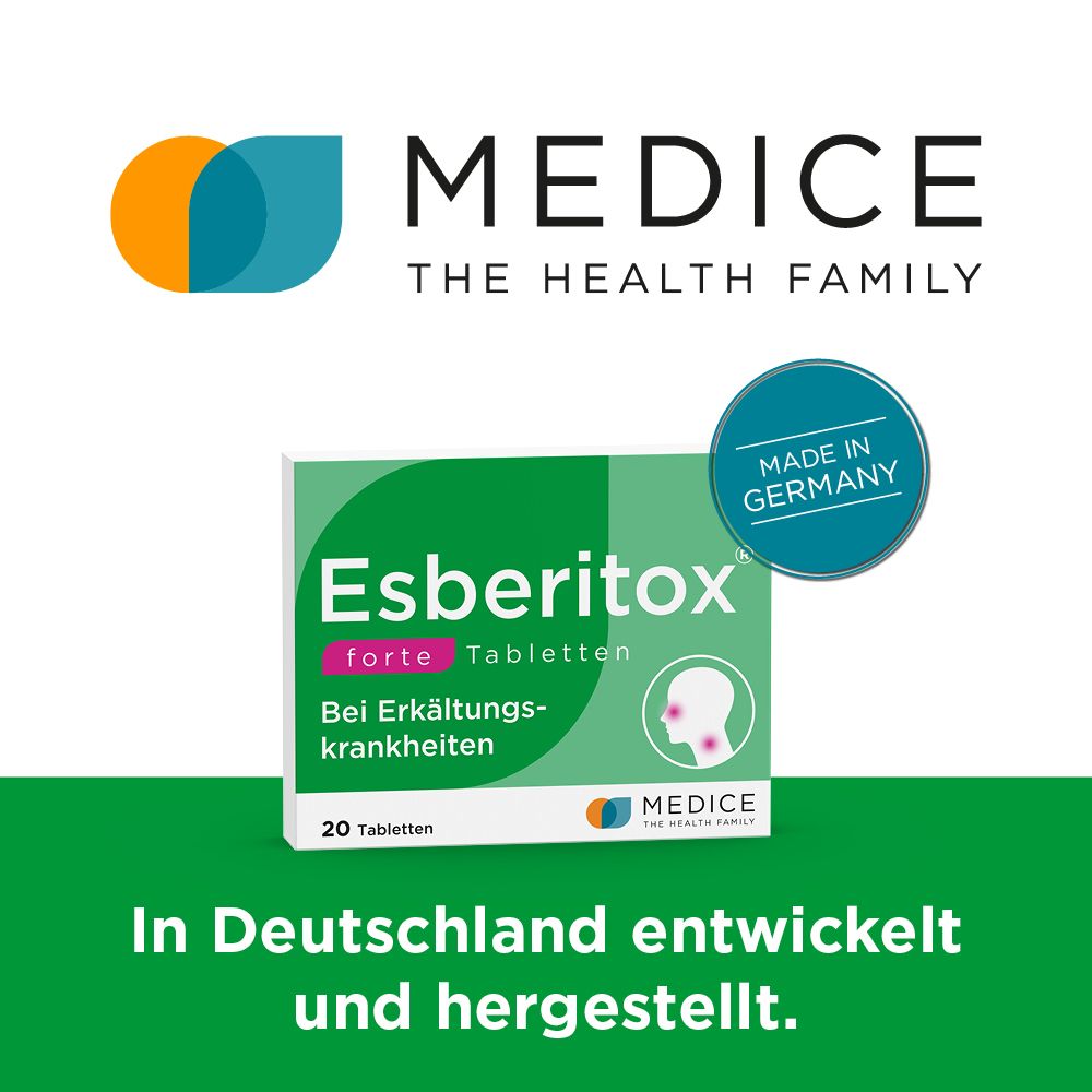 Schachtel Esberitox® Forte Tabletten. Logo MEDICE. Text: In Deutschland entwickelt und hergestellt. Made in Germany.