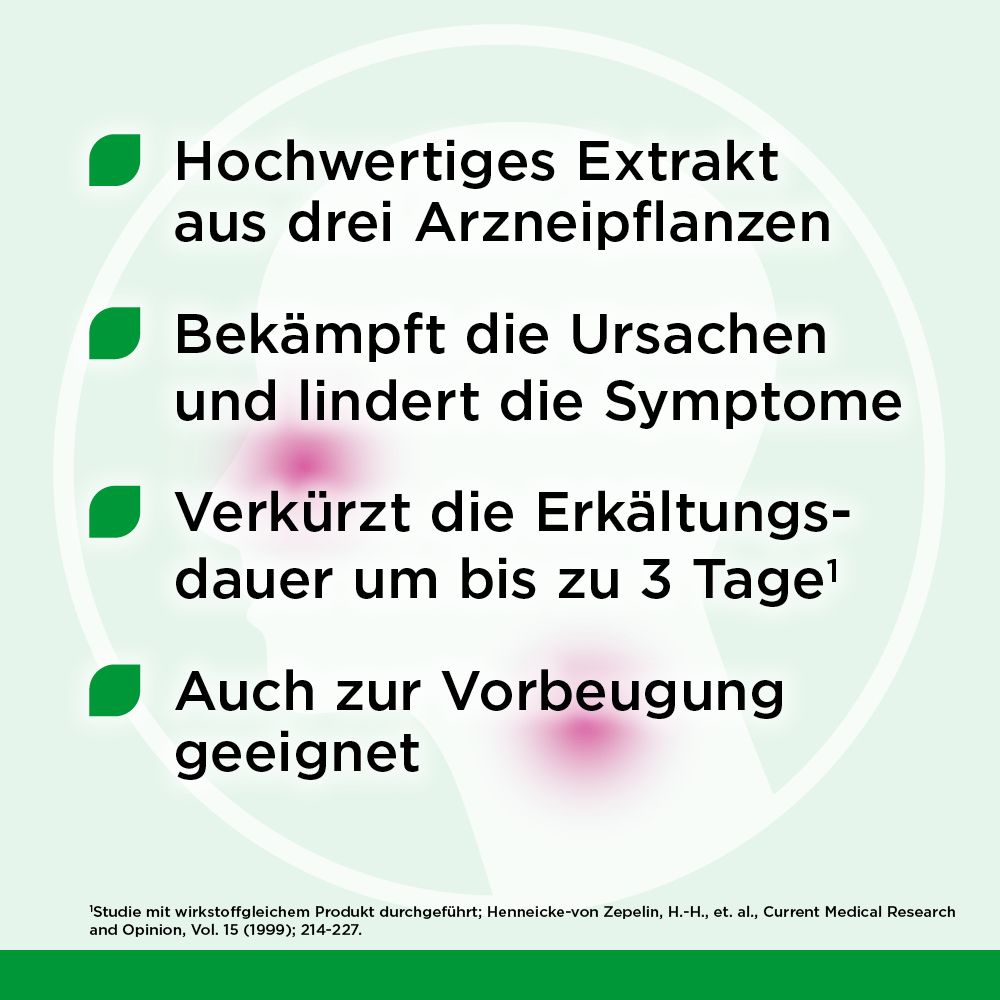 Text mit grünen Punkten. Hochwertiges Extrakt aus drei Arzneipflanzen. Bekämpft Ursachen und lindert Symptome. Verkürzt Erkältungsdauer.