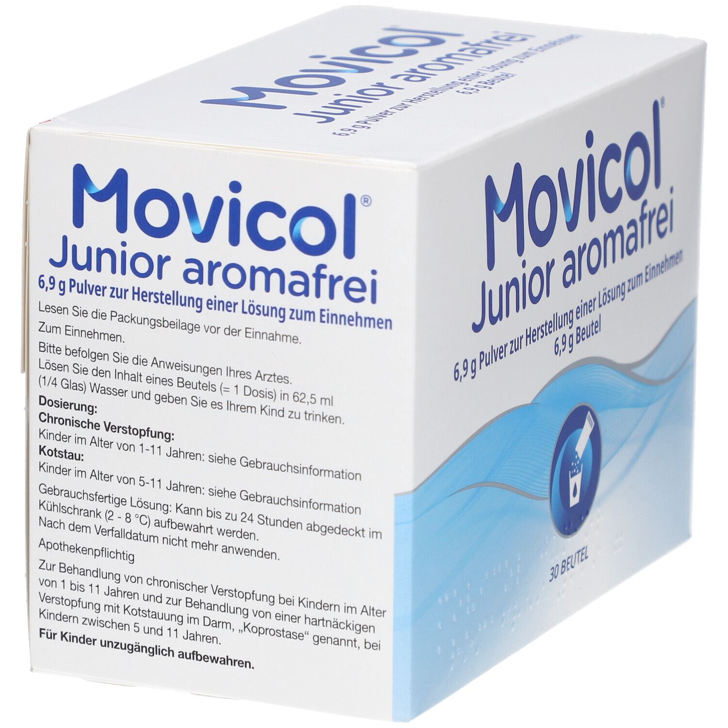 Weiße Kartonverpackung mit blauer Schrift. Aufschrift: Movicol Junior aromafrei, 6,9 g Pulver, 6,9 g Beutel. 30 Beutel. Text auf der Seite.