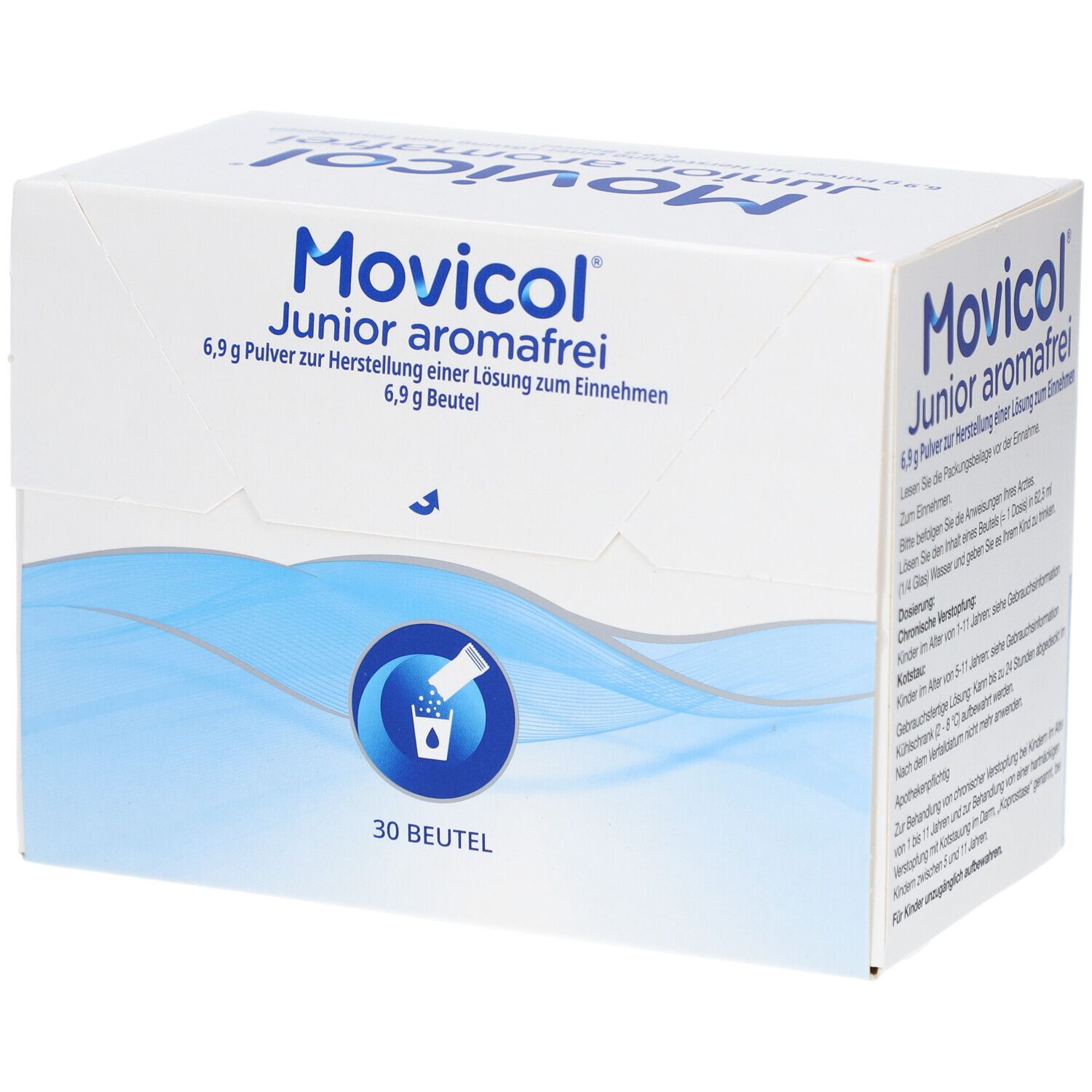 Weiße Kartonverpackung mit blauer Schrift. Aufschrift: Movicol Junior aromafrei, 6,9 g Pulver, 6,9 g Beutel. 30 Beutel. Perspektivansicht.