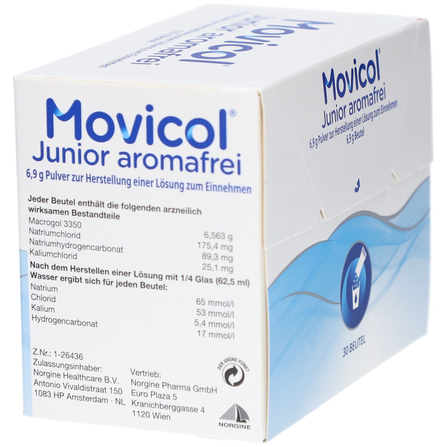 Weiße Kartonverpackung mit blauer Schrift. Aufschrift: Movicol Junior aromafrei, 6,9 g Pulver, 6,9 g Beutel. 30 Beutel. Inhaltsstoffe.