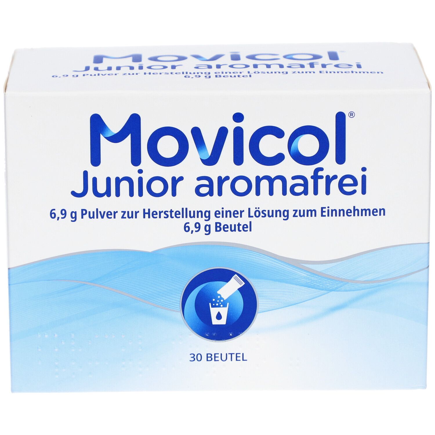Weiße Kartonverpackung mit blauer Schrift. Aufschrift: Movicol Junior aromafrei, 6,9 g Pulver, 6,9 g Beutel. 30 Beutel. Wellenmuster.