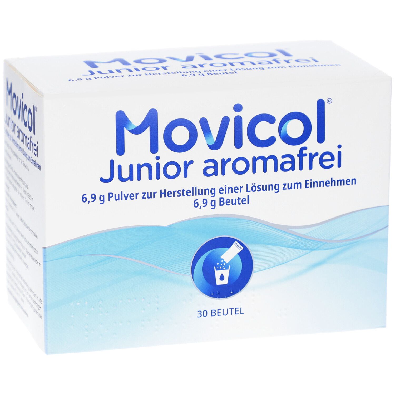 Weiße Kartonverpackung mit blauer Schrift. Aufschrift: Movicol Junior aromafrei, 6,9 g Pulver, 6,9 g Beutel. 30 Beutel. Nahaufnahme.