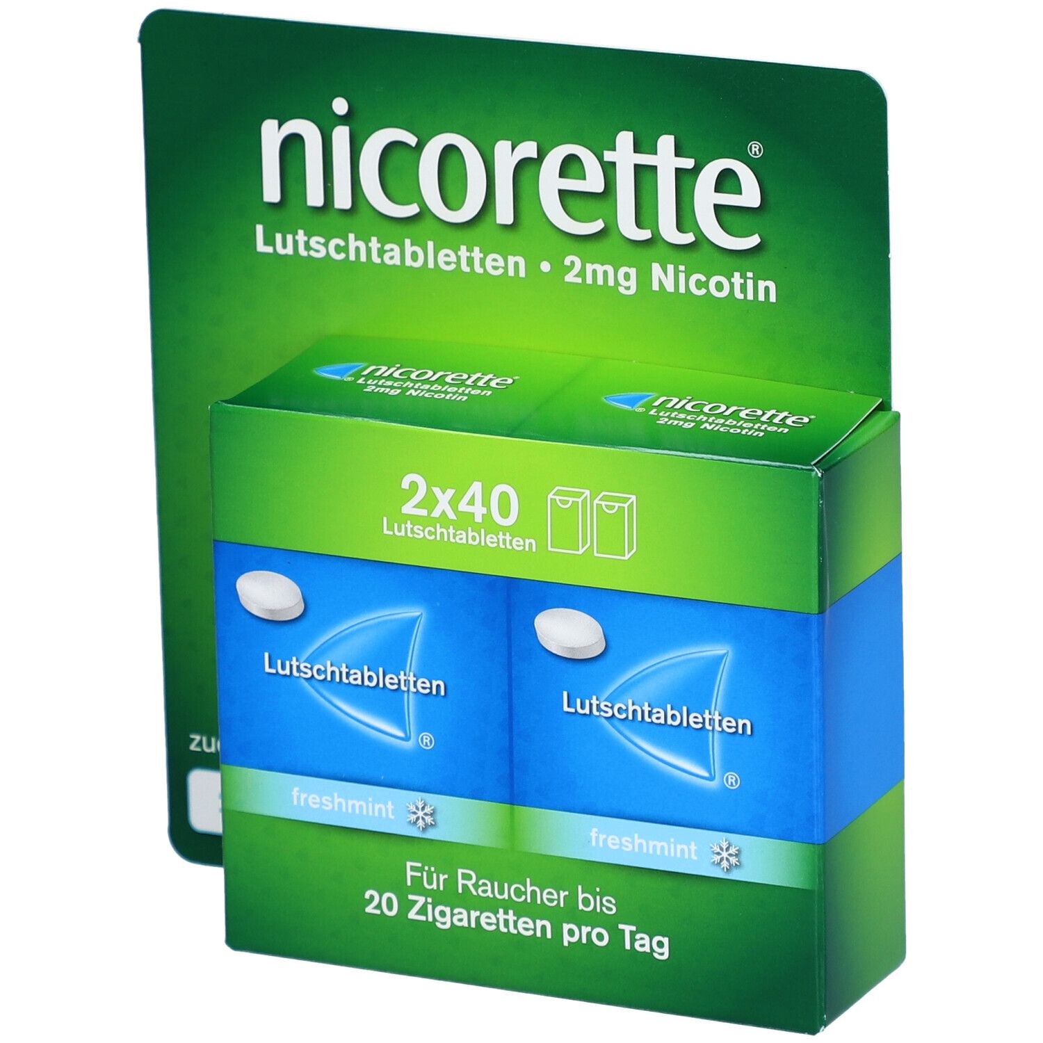 Schachtel mit nicorette® Lutschtabletten, 2 mg Nikotin. Grün-weiße Verpackung, zuckerfrei.