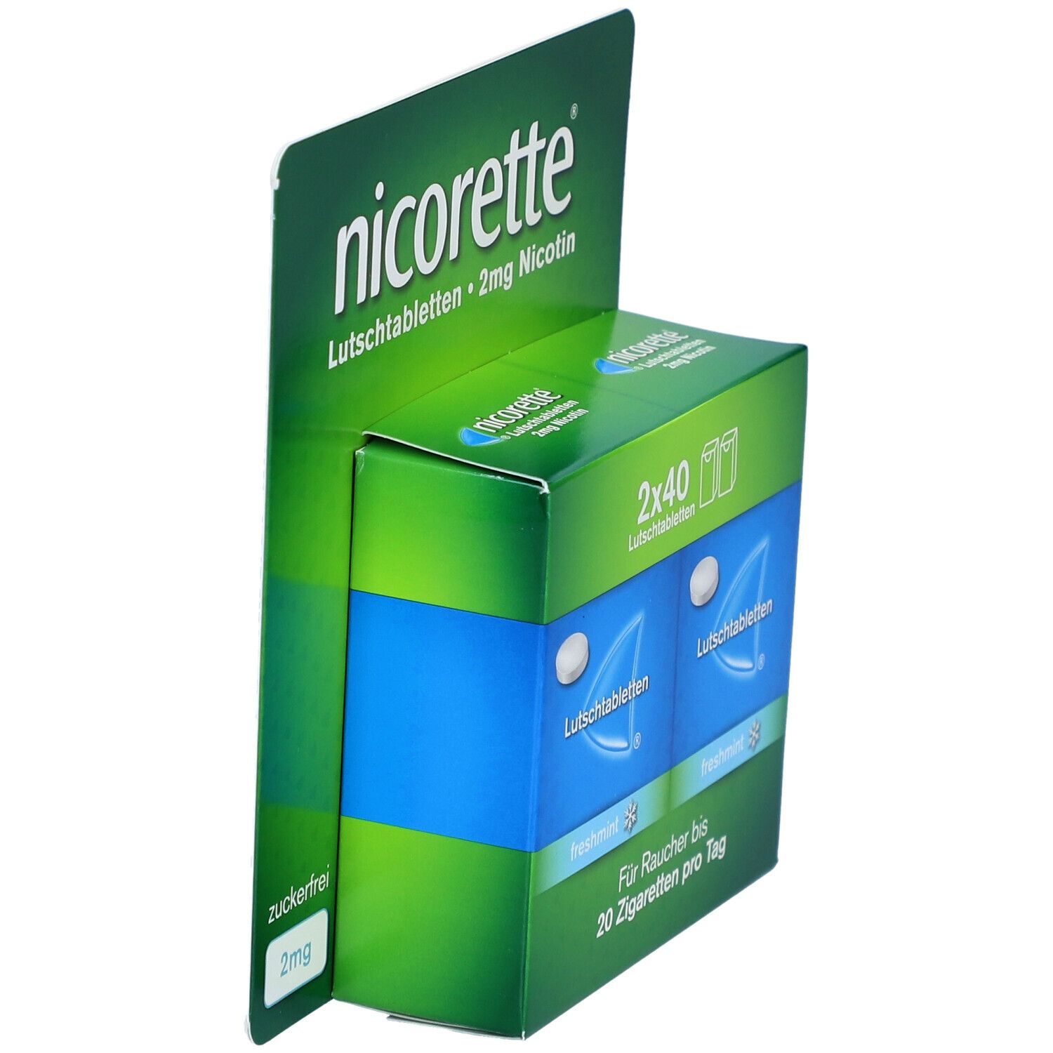 Schachtel mit nicorette® Lutschtabletten, 2 mg Nikotin. Grün-weiße Verpackung, zuckerfrei.