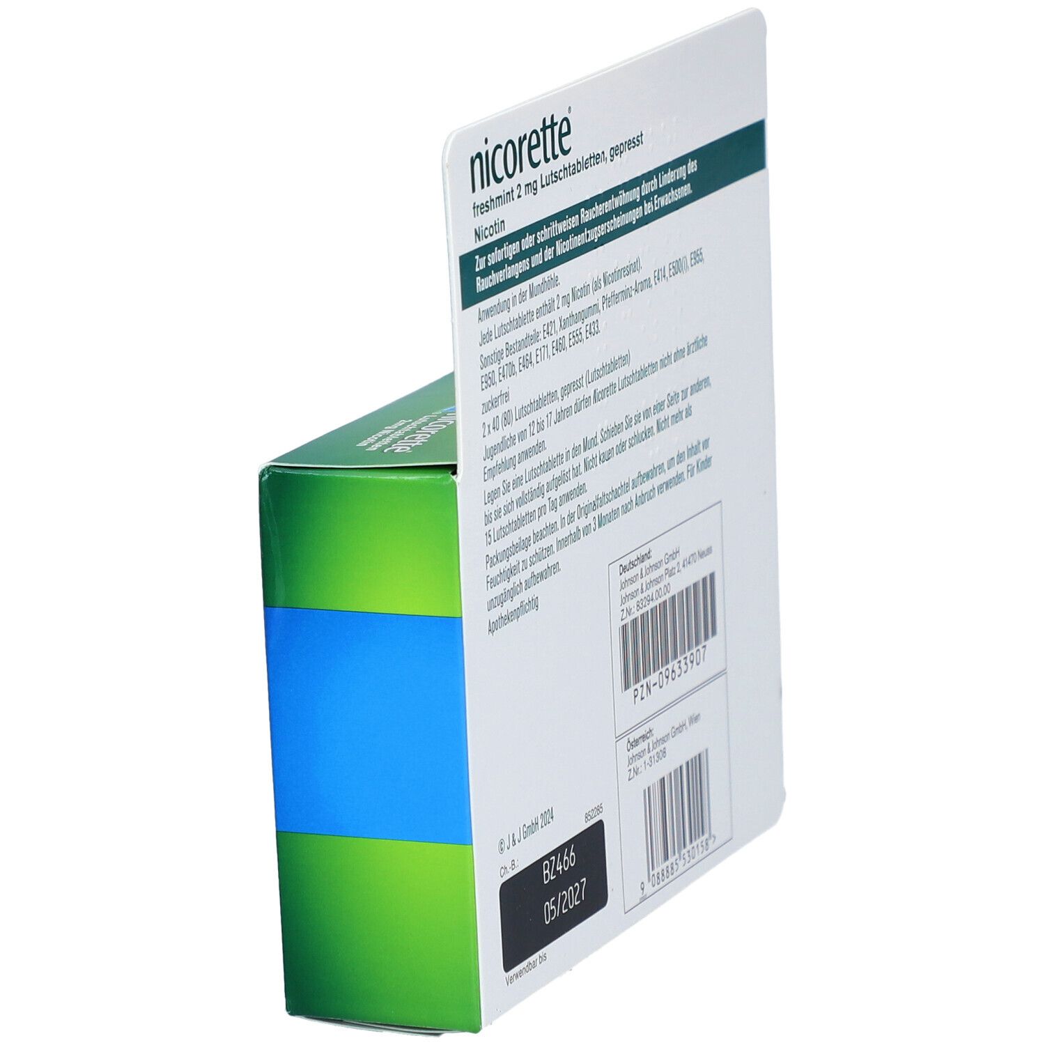 Rückseite der nicorette® Lutschtabletten-Verpackung. Informationen und Inhaltsstoffe.