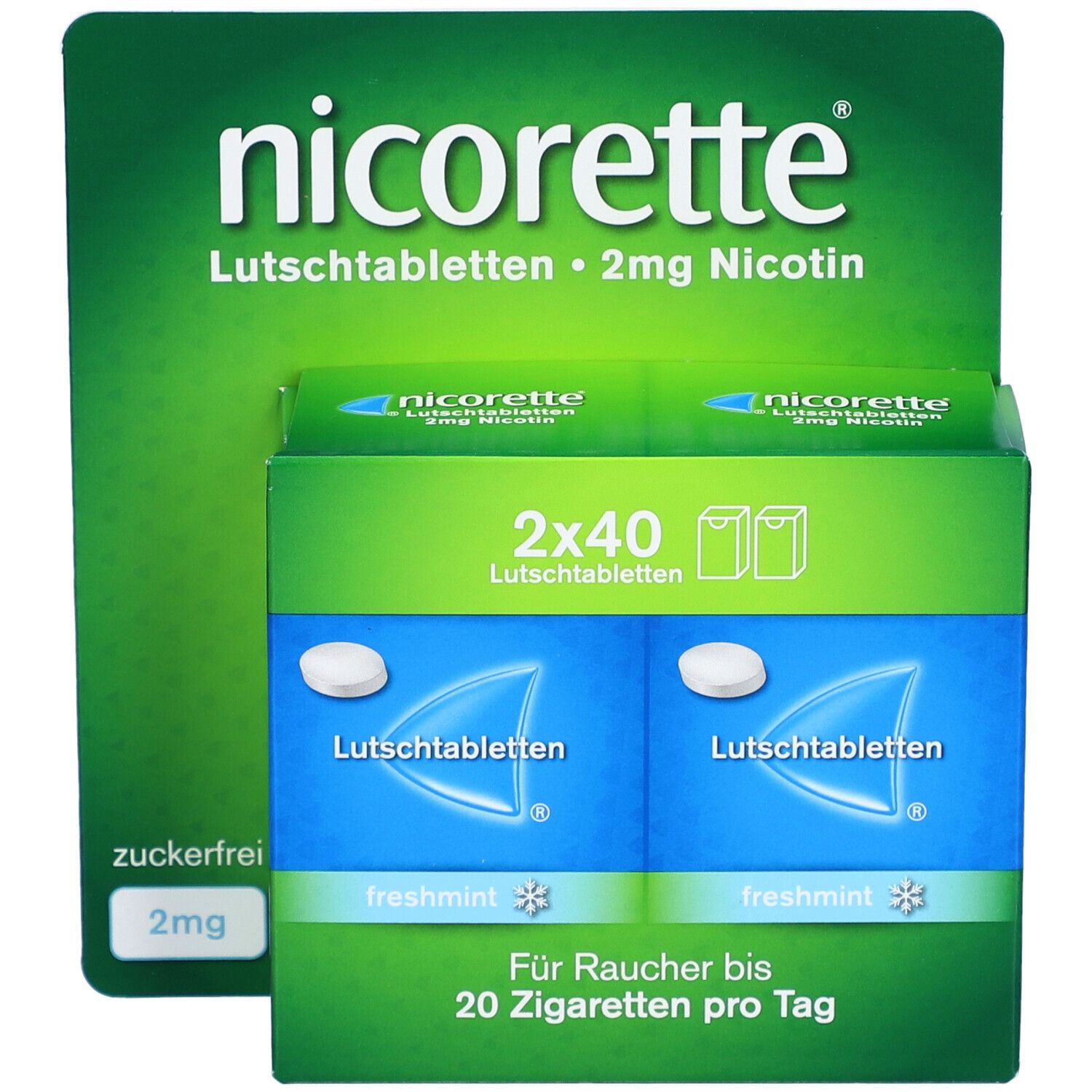 Schachtel mit nicorette® Lutschtabletten, 2 mg Nikotin. Grün-weiße Verpackung, zuckerfrei.