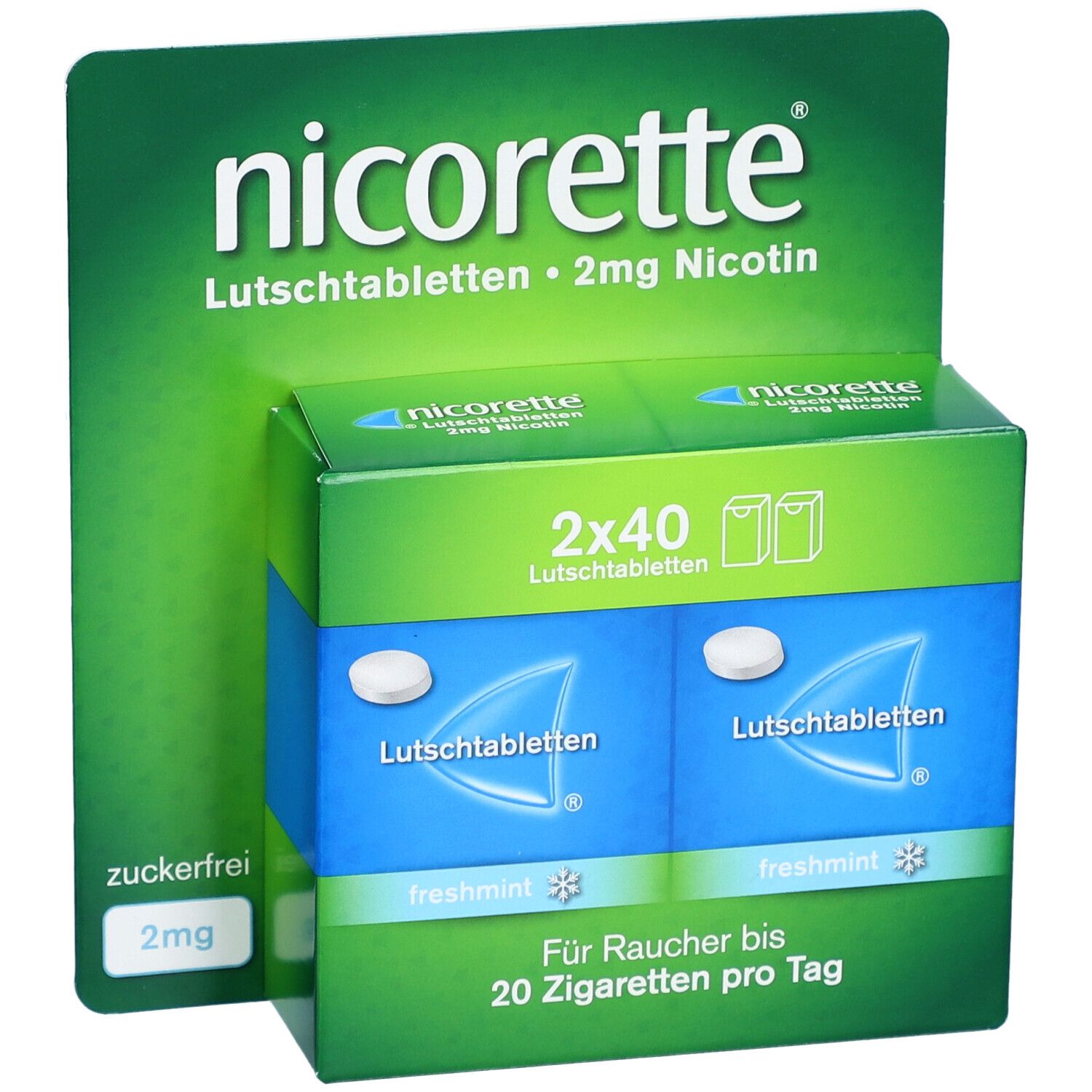 Schachtel mit nicorette® Lutschtabletten, 2 mg Nikotin. Grün-weiße Verpackung, zuckerfrei.