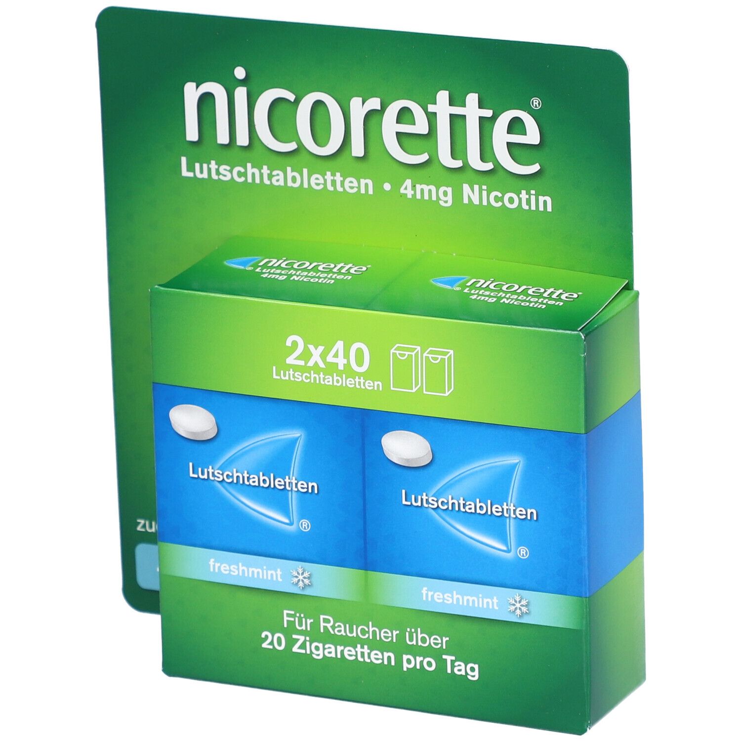 nicorette® Schachtel. 4mg Nikotin, freshmint. 2x40 Lutschtabletten. Für Raucher über 20 Zigaretten pro Tag.