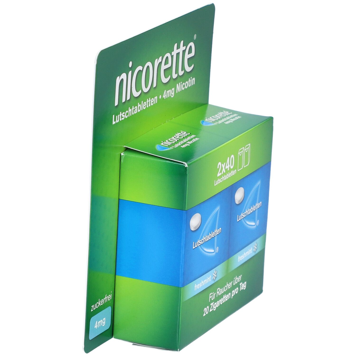 nicorette® Schachtel. 2x40 Lutschtabletten. 4mg Nikotin. Für Raucher über 20 Zigaretten pro Tag. Zuckerfrei.