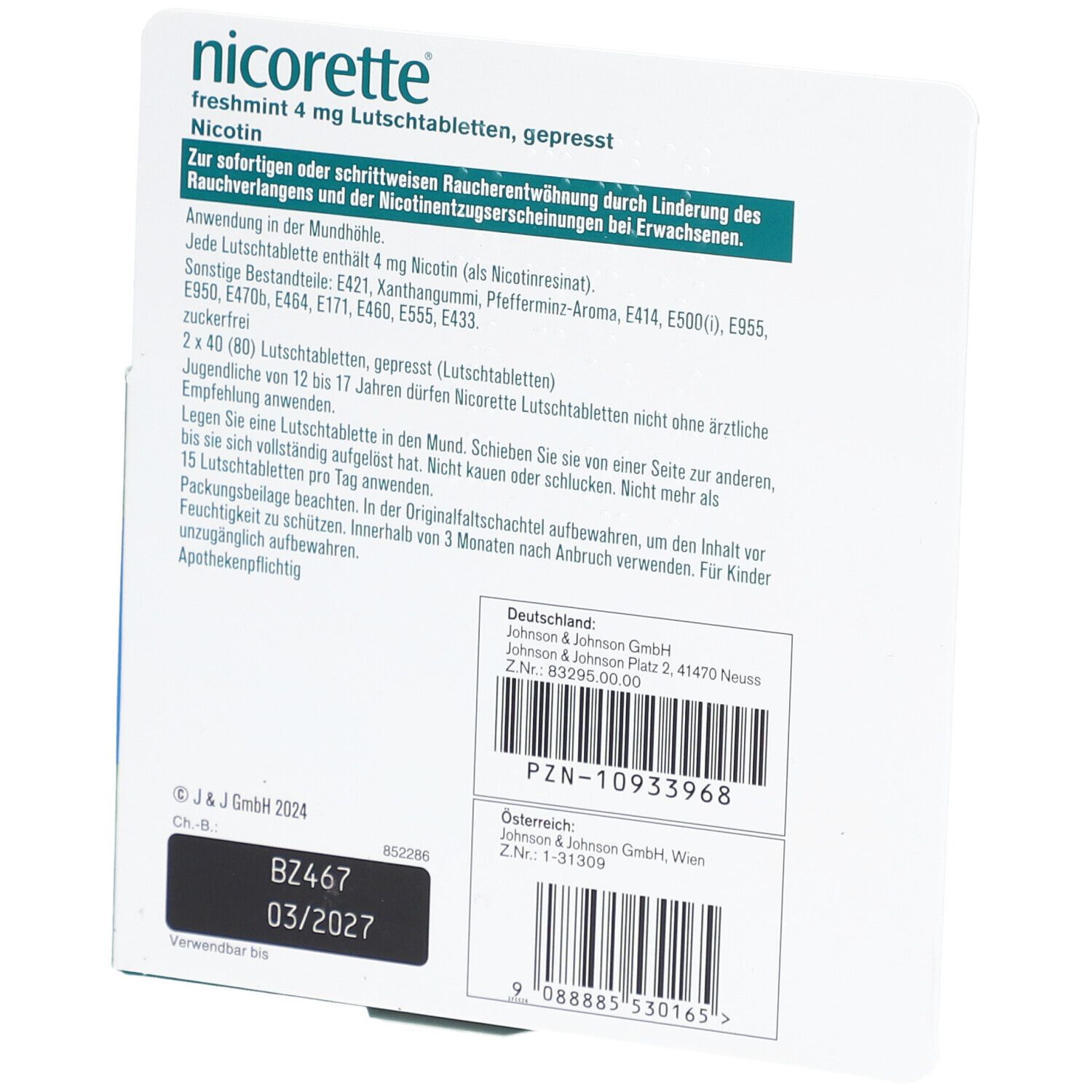 Rückseite der nicorette® Schachtel. Text: freshmint 4 mg Lutschtabletten. Inhaltsstoffe, Anwendungshinweise.