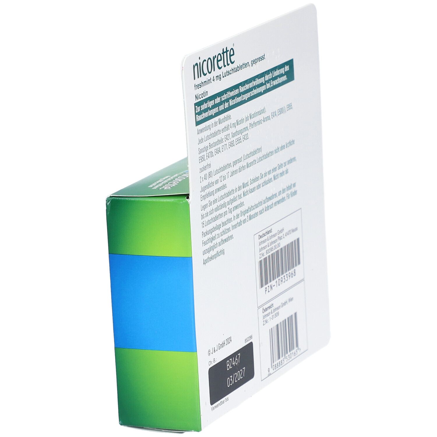 Rückseite der nicorette® Schachtel. Text: freshmint 4 mg Lutschtabletten. Inhaltsstoffe, Anwendungshinweise.