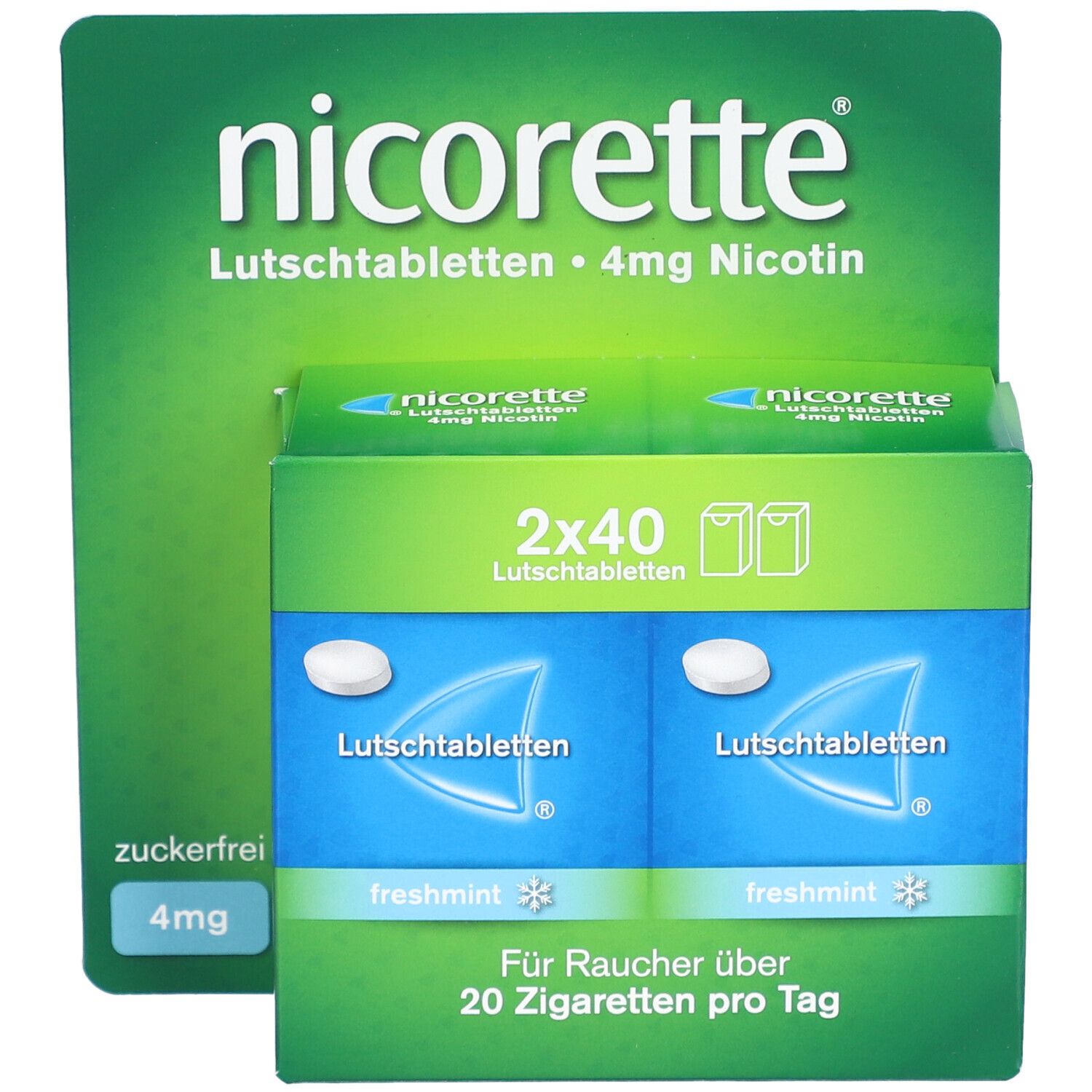 nicorette® Schachtel. 4mg Nikotin, freshmint. 2x40 Lutschtabletten. Für Raucher über 20 Zigaretten pro Tag.