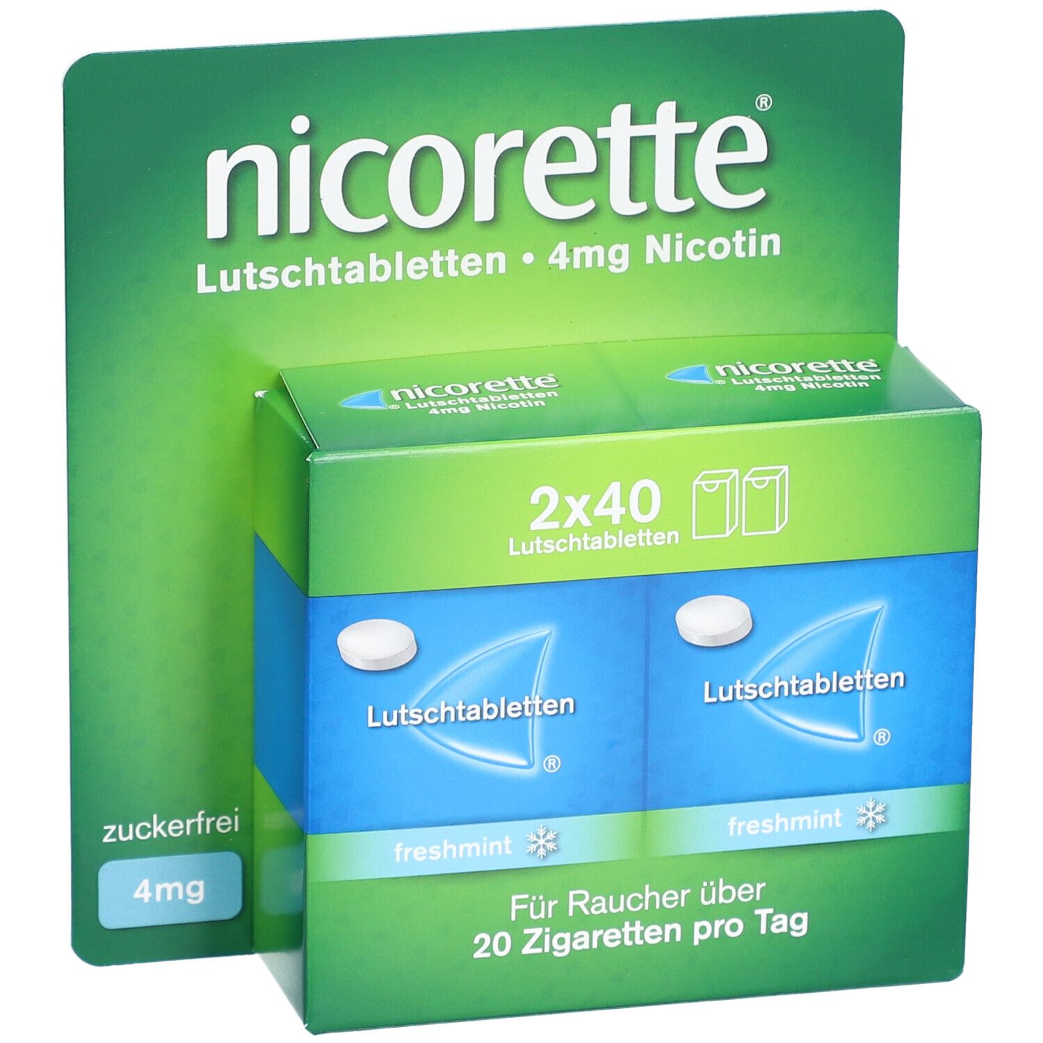 nicorette® Schachtel. 4mg Nikotin, freshmint. 2x40 Lutschtabletten. Für Raucher über 20 Zigaretten pro Tag.