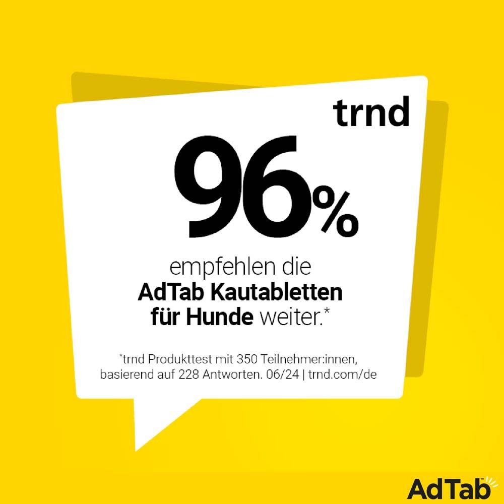 Gelber Hintergrund mit Text: 96% empfehlen die AdTab Kautabletten für Hunde weiter.