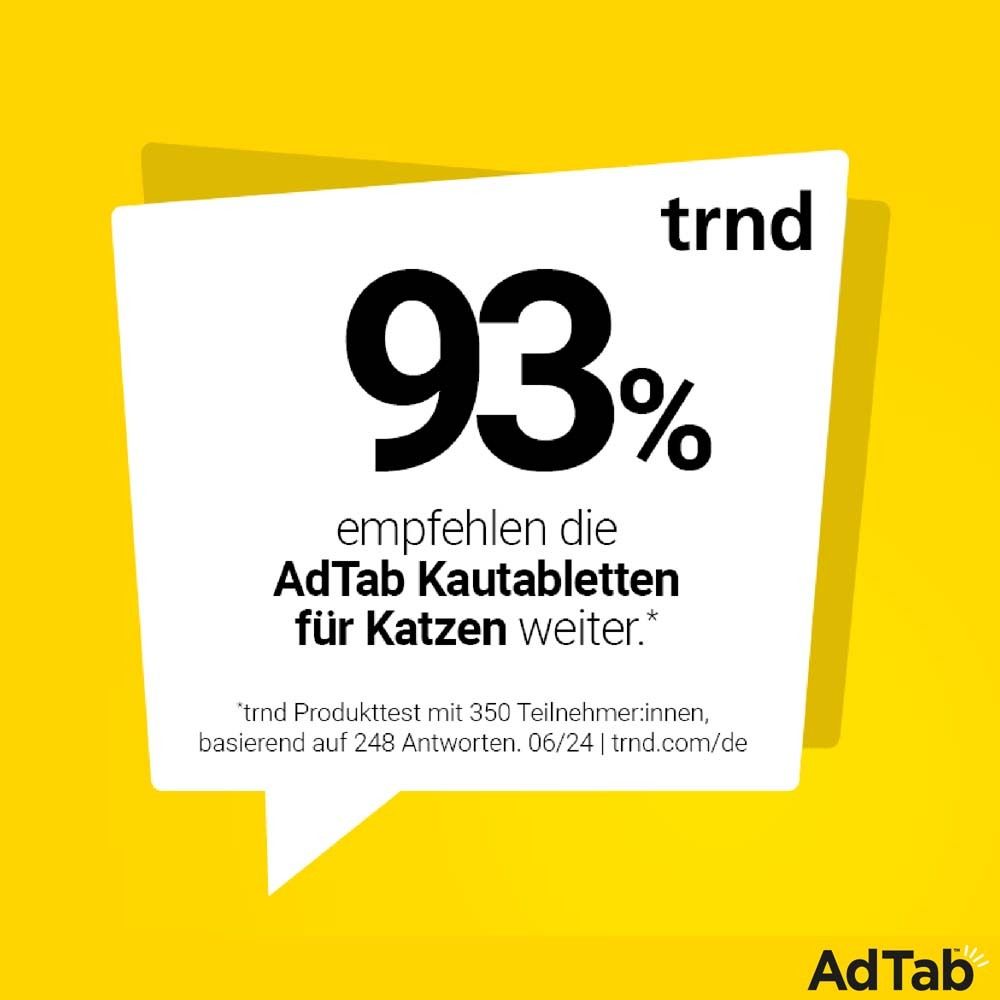 AdTab Kautabletten für Katzen. 93% empfehlen die AdTab Kautabletten für Katzen weiter. trnd-Umfrage.