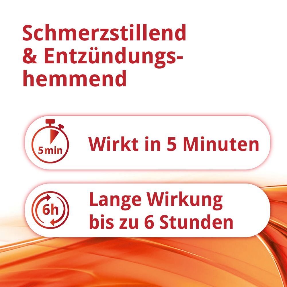 Schmerzstillend & entzündungshemmend. Wirkt in 5 Minuten. Lange Wirkung bis zu 6 Stunden.
