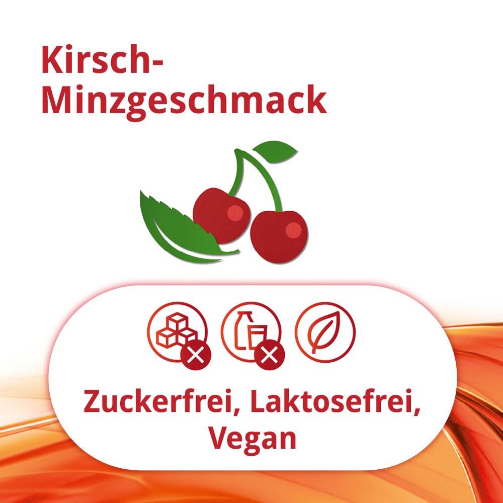 Kirsch-Minzgeschmack. Zuckerfrei, laktosefrei, vegan.
