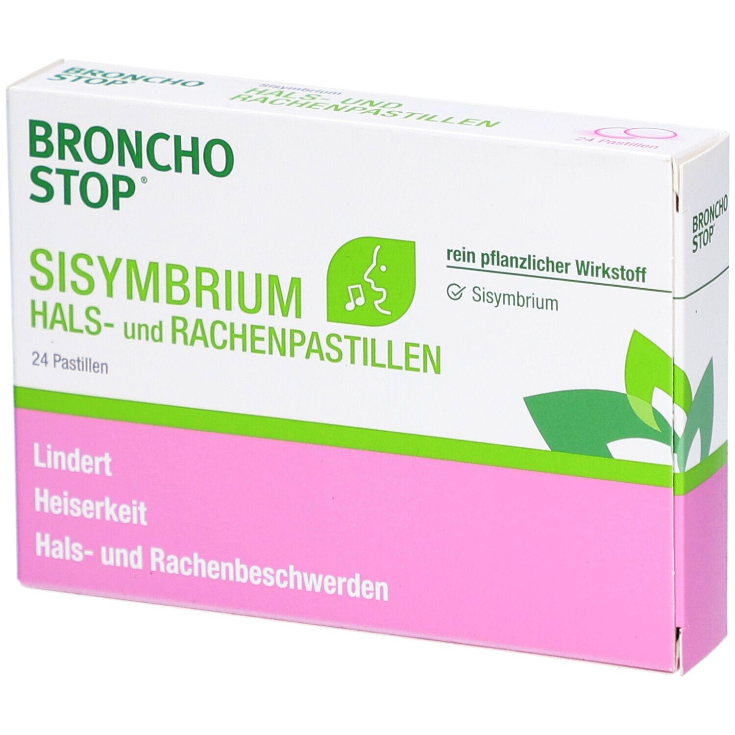 Schachtel mit Bronchostop Sisymbrium Pastillen. Aufschrift: Lindert Heiserkeit, Hals- und Rachenbeschwerden. 24 Pastillen.