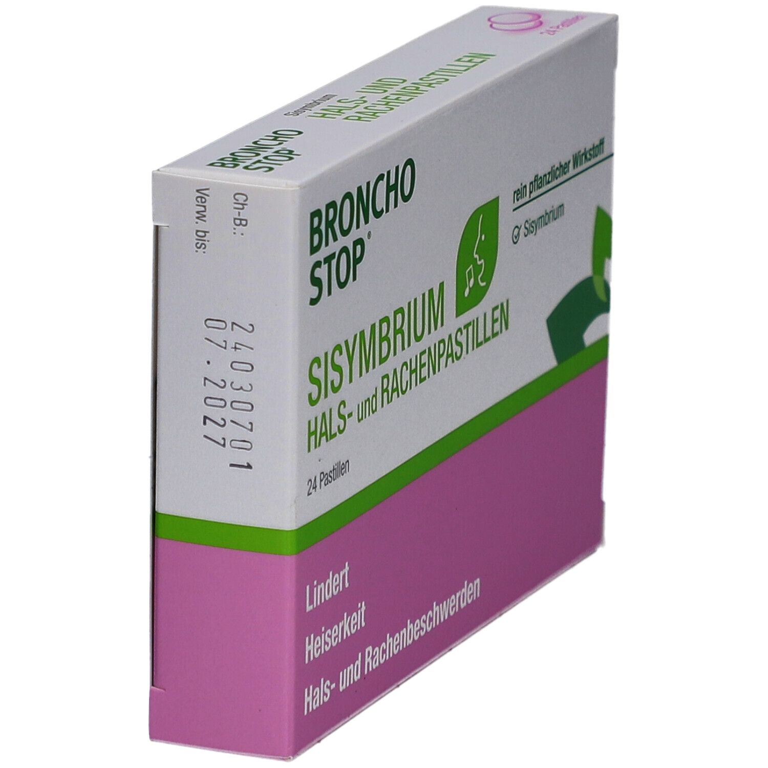 Schachtel Bronchostop Sisymbrium Pastillen, Seitenansicht. Aufschrift: 24 Pastillen. Verfallsdatum: 07.2027.