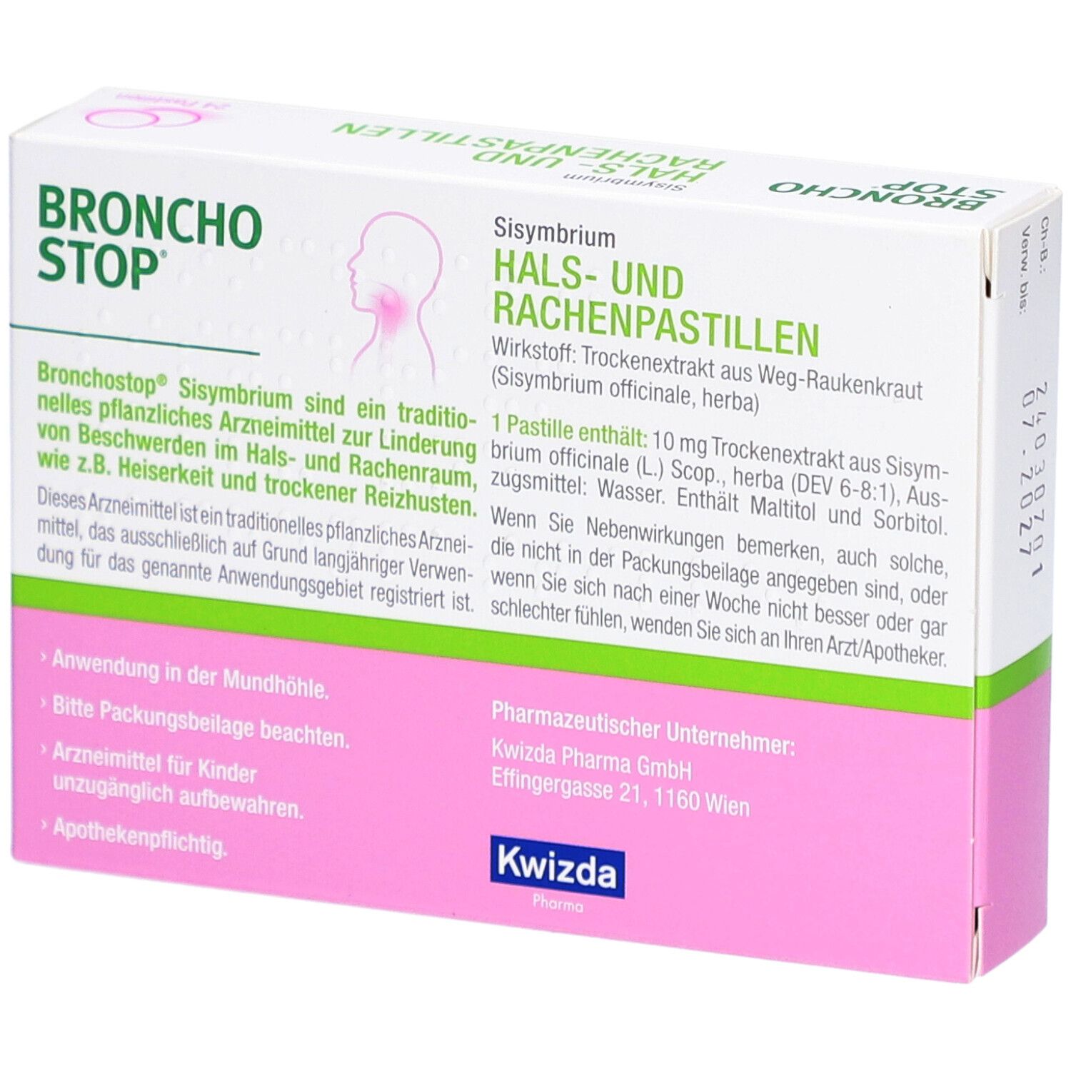 Schachtel Bronchostop Sisymbrium Pastillen, Text auf der Rückseite. Enthält Informationen zu Inhaltsstoffen und Anwendung.