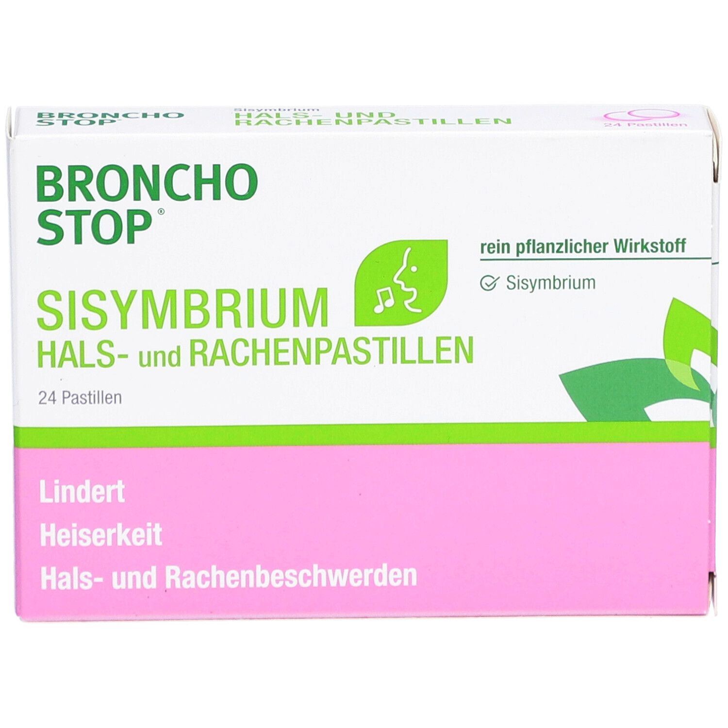 Schachtel Bronchostop Sisymbrium Pastillen. Aufschrift: Lindert Heiserkeit, Hals- und Rachenbeschwerden. 24 Pastillen.