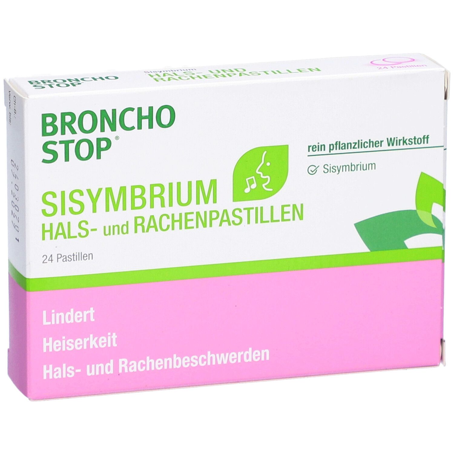 Schachtel Bronchostop Sisymbrium Pastillen. Aufschrift: Lindert Heiserkeit, Hals- und Rachenbeschwerden. 24 Pastillen.