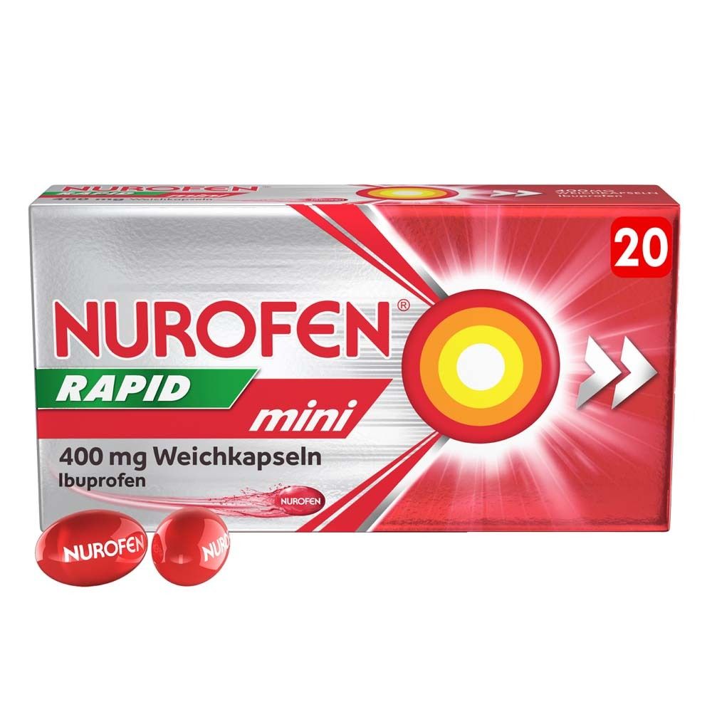 Packung Nurofen Rapid Mini Weichkapseln. Rote Kapseln und Packung mit 20 Kapseln. Aufschrift: 400 mg Ibuprofen.