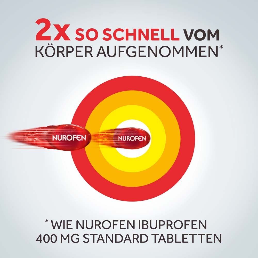 Grafik: Zwei rote Kapseln, die sich auf ein Ziel zubewegen. Text: 2x schneller vom Körper aufgenommen.