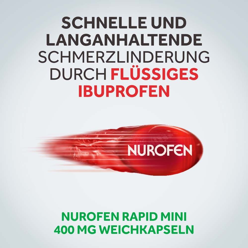 Rote Kapsel mit Text Nurofen. Text: Schnelle und langanhaltende Schmerzlinderung durch flüssiges Ibuprofen.
