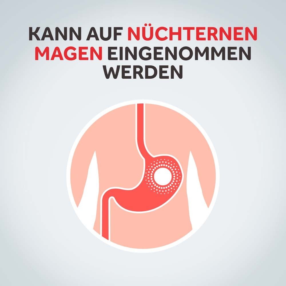 Illustration eines Magens. Text: Kann auf nüchternen Magen eingenommen werden.
