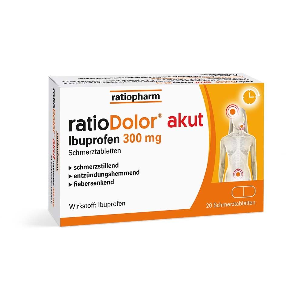 Verpackung von ratioDolor akut Ibuprofen 300 mg. Weiß-orangefarbene Schachtel mit Produktnamen und Inhaltsangaben. 20 Tabletten.