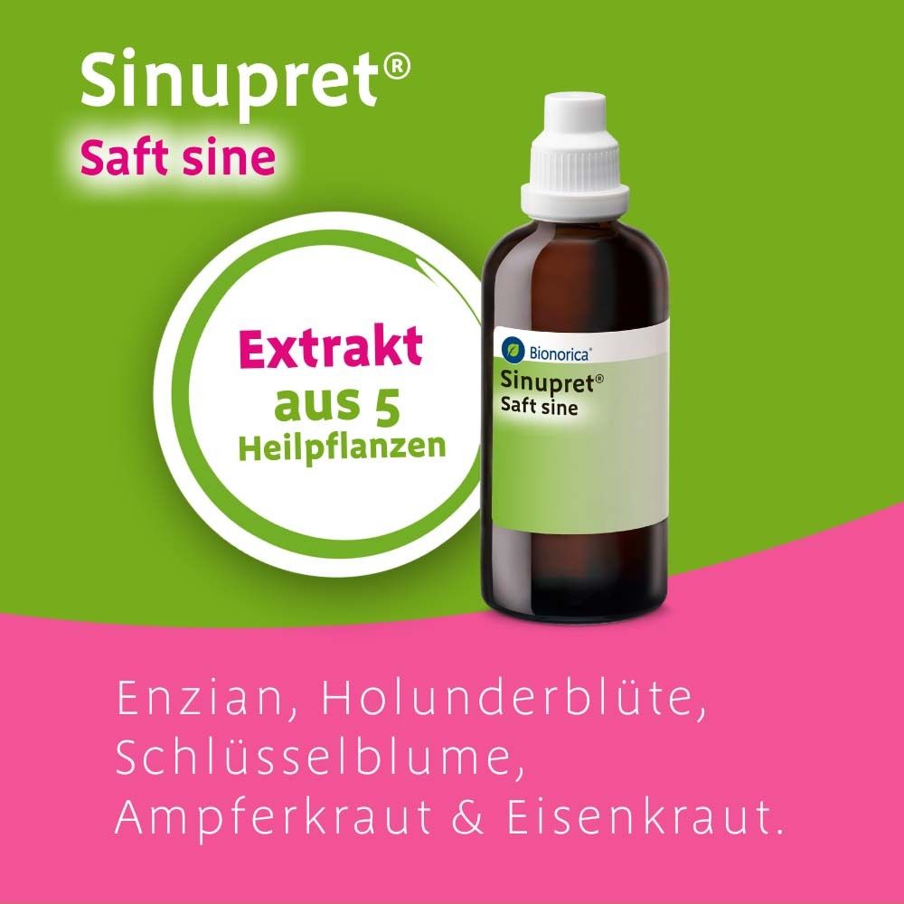Flasche und Karton Sinupret® Saft sine. Text: Extrakt aus 5 Heilpflanzen.