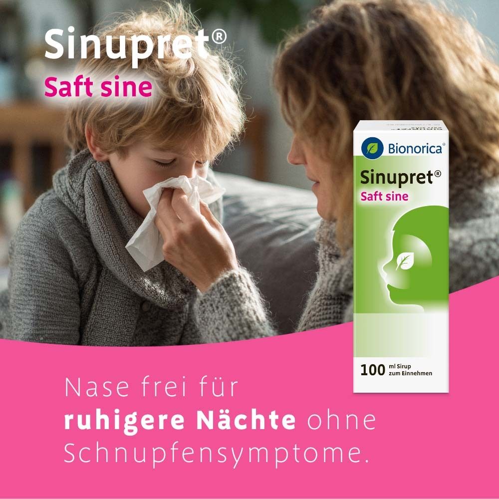 Kind putzt sich die Nase. Produkt: Sinupret® Saft sine. Für ruhigere Nächte.