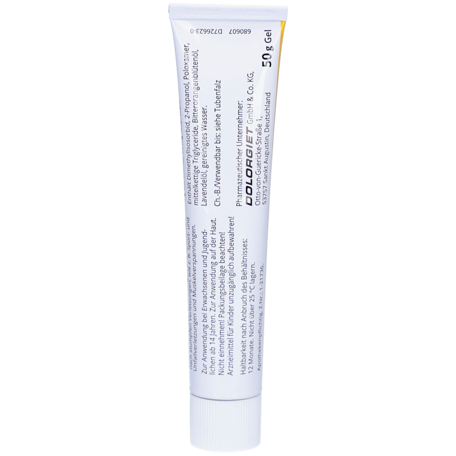 Rückseite der Tube. Enthält Informationen zu Inhaltsstoffen, Hersteller und Haltbarkeit. Beschriftung: 50 g Gel.