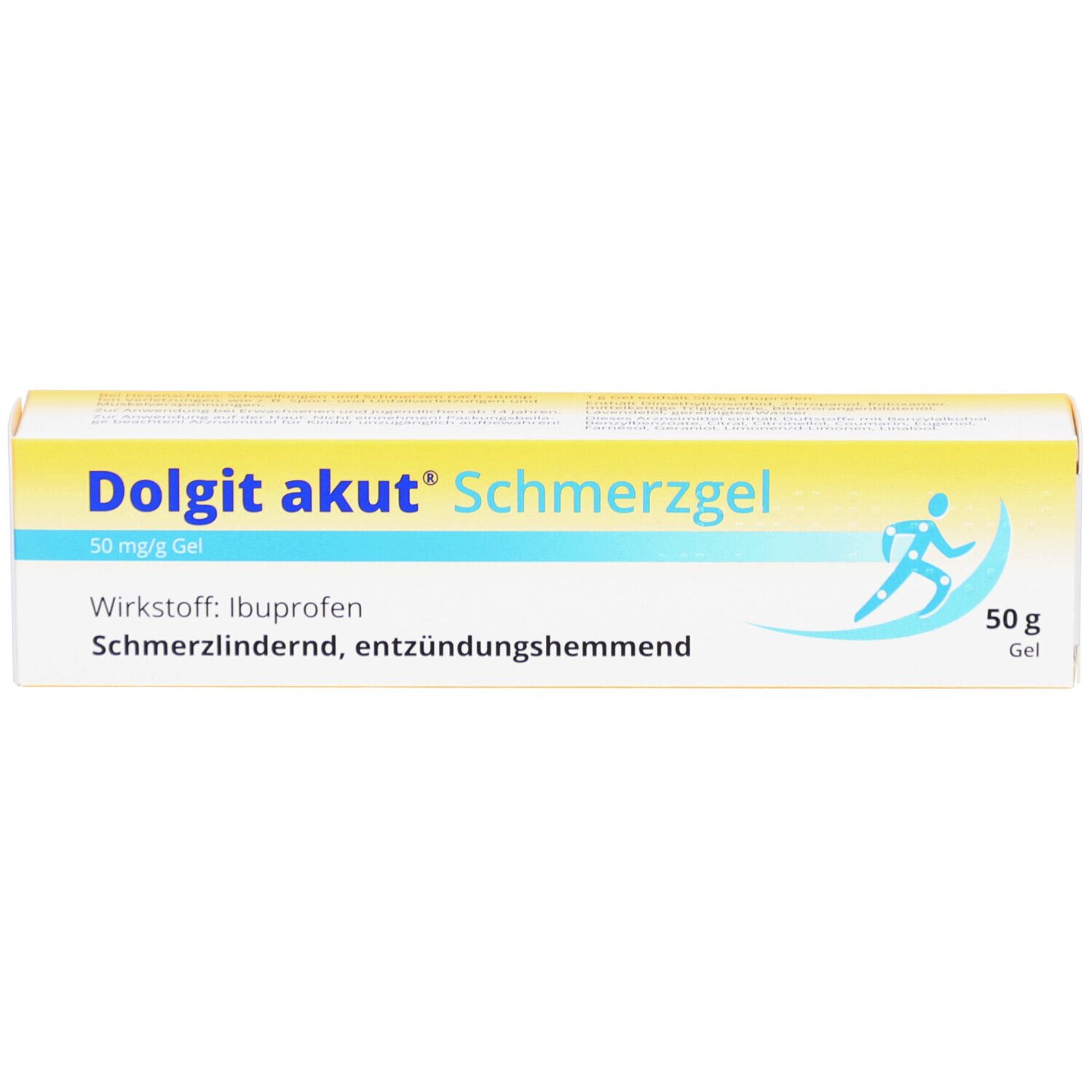 Gelb-blaue Produktverpackung. Beschriftung: Dolgit akut Schmerzgel, 50 mg/g Gel. Enthält Ibuprofen. Abbildung einer Person.