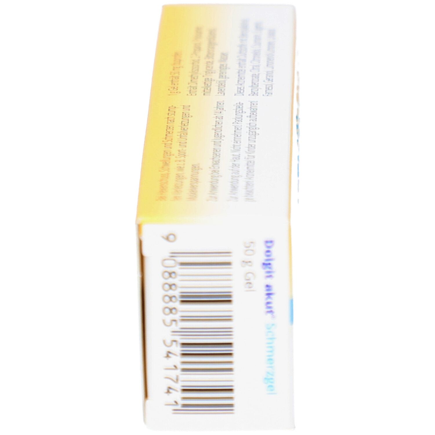 Seitenansicht der Produktverpackung. Beschriftung: Dolgit akut Schmerzgel, 50 g Gel. Enthält Informationen zur Anwendung.
