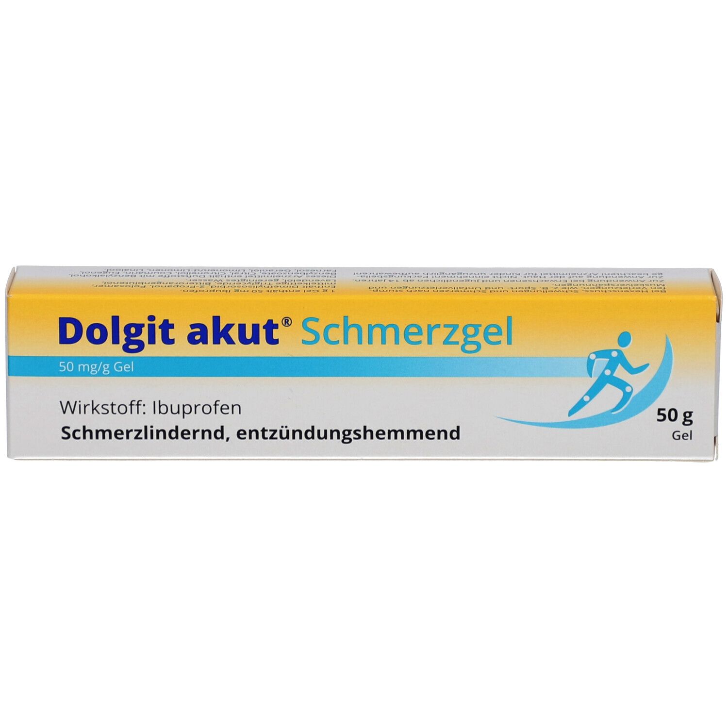 Produktverpackung. Beschriftung: Dolgit akut Schmerzgel, 50 mg/g Gel. Enthält Ibuprofen. Abbildung einer Person.