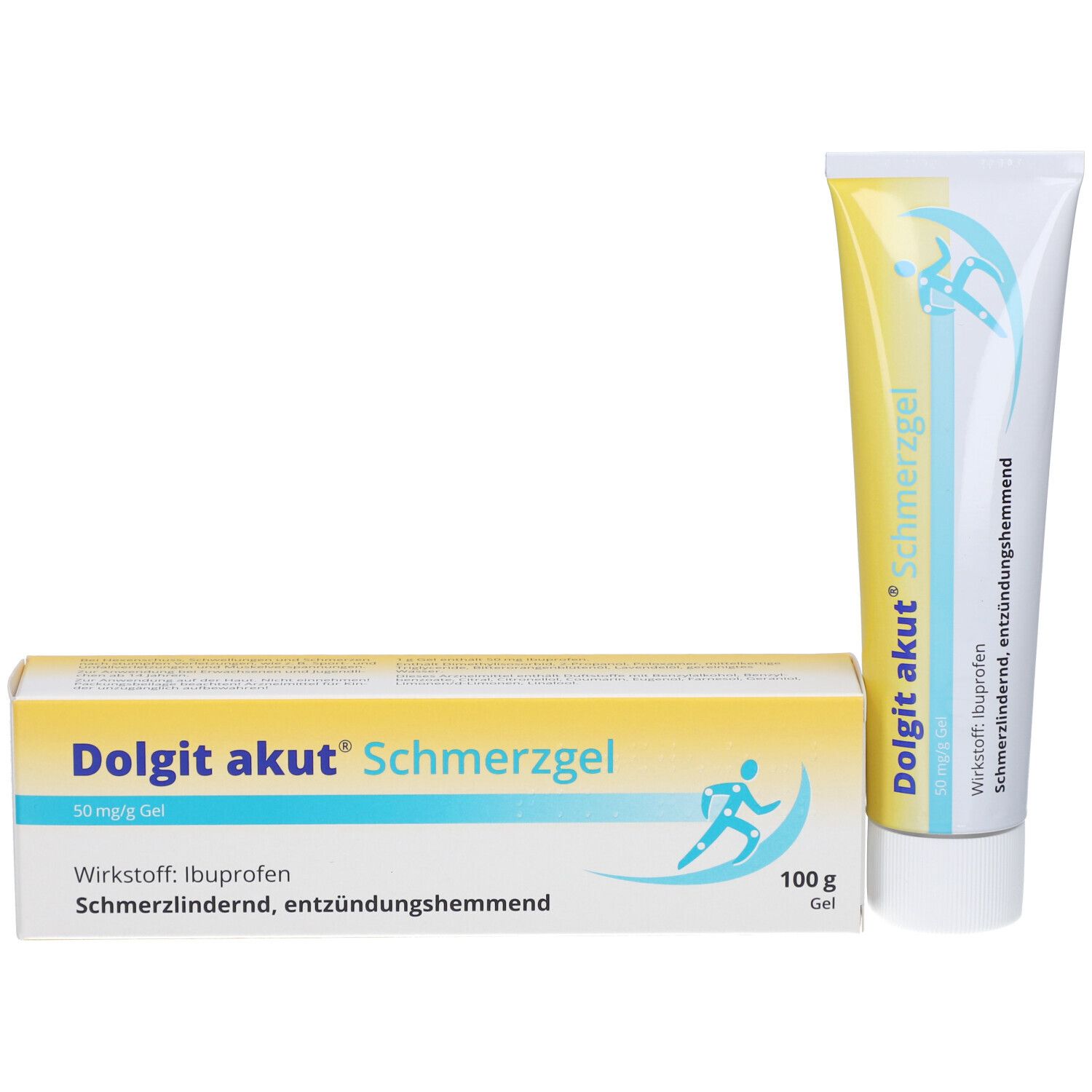 Produktpackung und Tube. Packung: gelb, weiß, Aufschrift Dolgit akut Schmerzgel. Tube: weiß, gelb, Aufschrift Dolgit akut Schmerzgel.