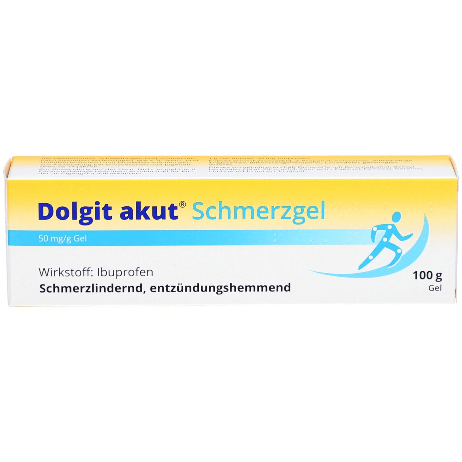Gelbe Produktverpackung. Aufschrift: Dolgit akut Schmerzgel, 50 mg/g, 100 g Gel. Enthält Ibuprofen. Blauer Sportler.