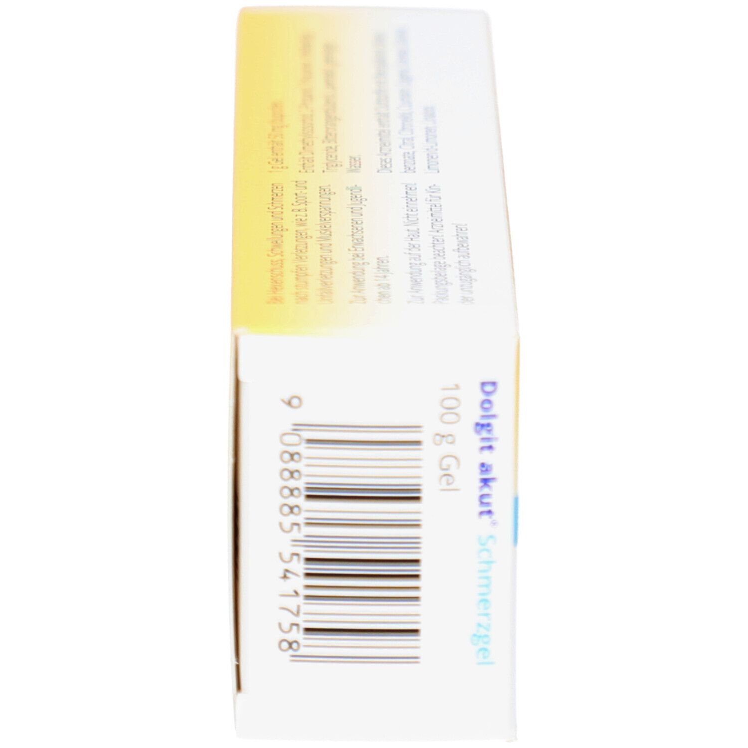 Seitenansicht der Produktverpackung. Aufschrift: Dolgit akut Schmerzgel, 100 g Gel. Barcode und Herstellerinformationen.