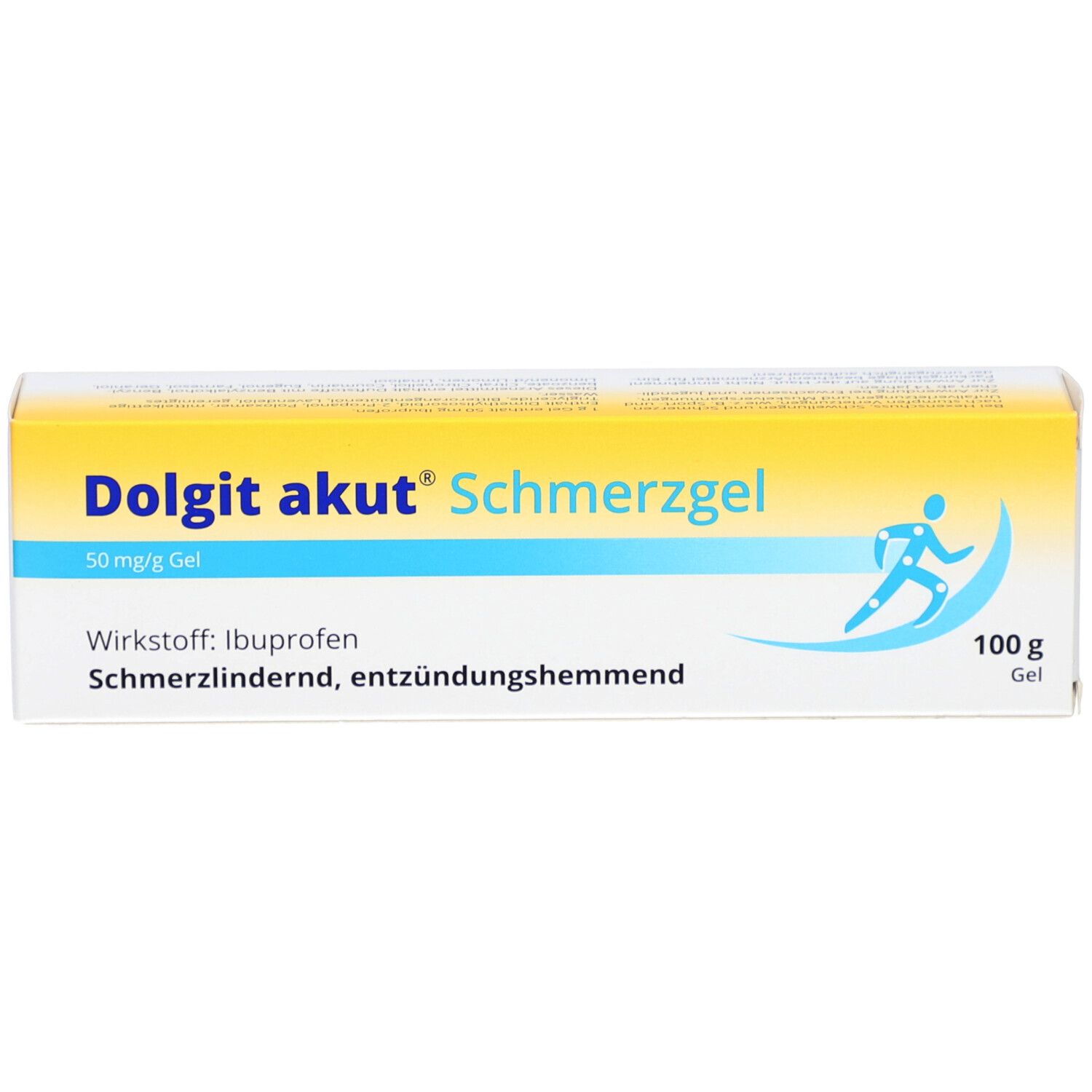Produktverpackung. Aufschrift: Dolgit akut Schmerzgel, 50 mg/g, 100 g Gel. Enthält Ibuprofen. Blauer Sportler.
