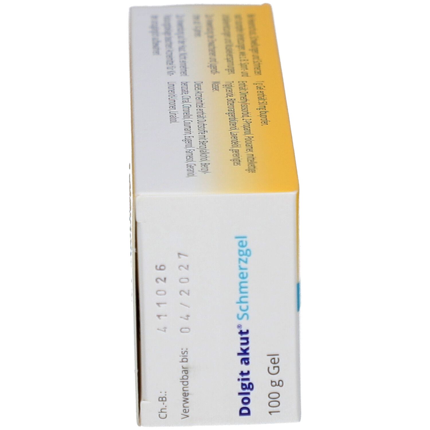 Seitenansicht der Produktverpackung. Aufschrift: Dolgit akut Schmerzgel, 100 g Gel. Verwendbar bis 04/2027. Chargennummer.