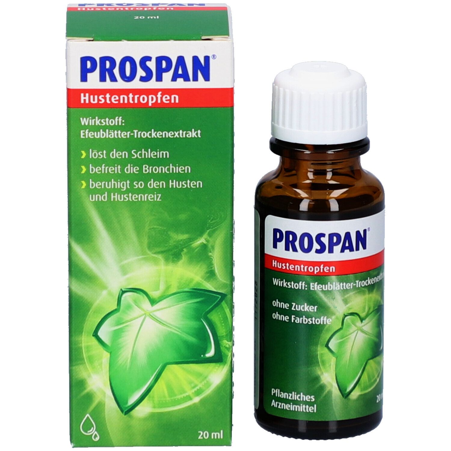 PROSPAN Hustentropfen Flasche und Schachtel. Schachtel mit grüner Grafik und Produktinformationen.