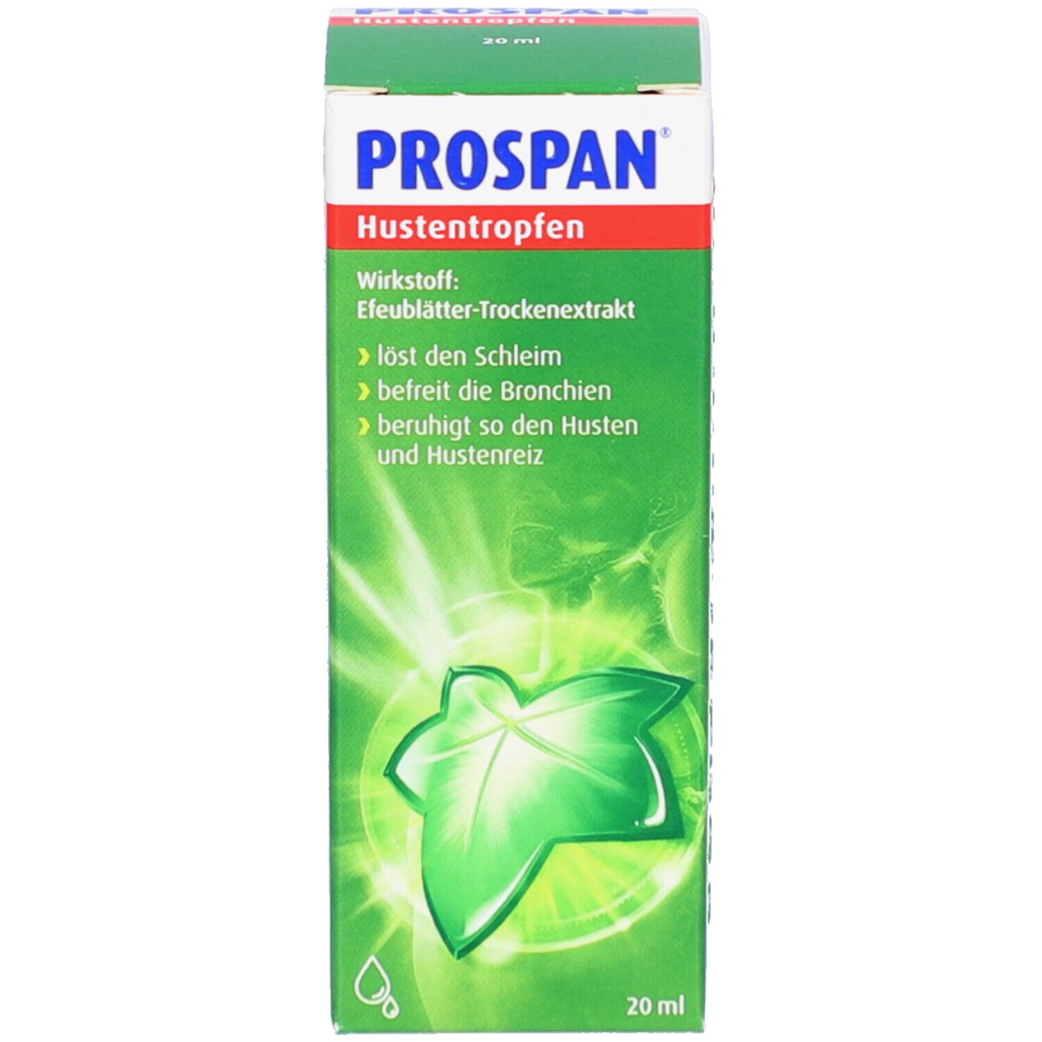 PROSPAN Hustentropfen Schachtel. Grüne Schachtel mit Produktinformationen und Efeublatt-Grafik.