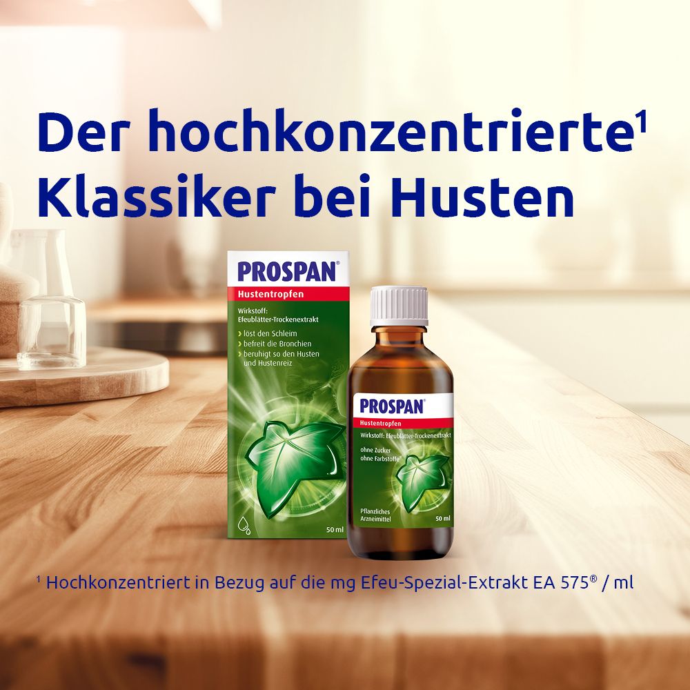 Prospan® Hustentropfen Flasche und Schachtel auf Holzoberfläche. Text: Der hochkonzentrierte Klassiker bei Husten.