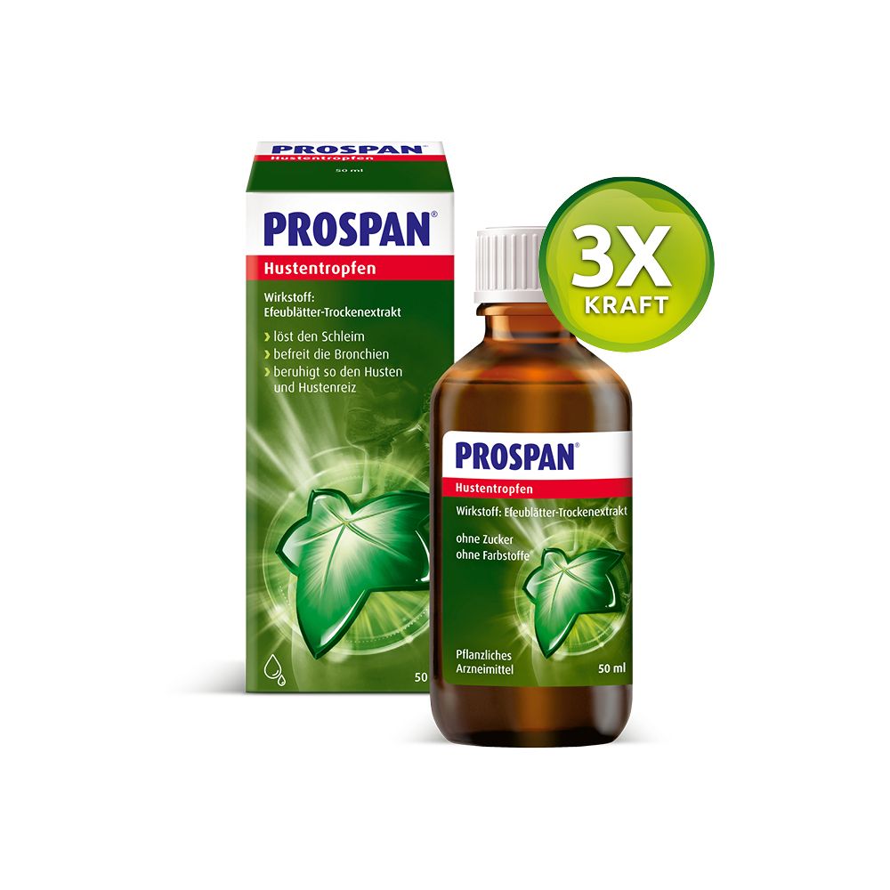 Braune Glasflasche und Schachtel. Beide mit Prospan Hustentropfen-Logo. Grüne Blattform.