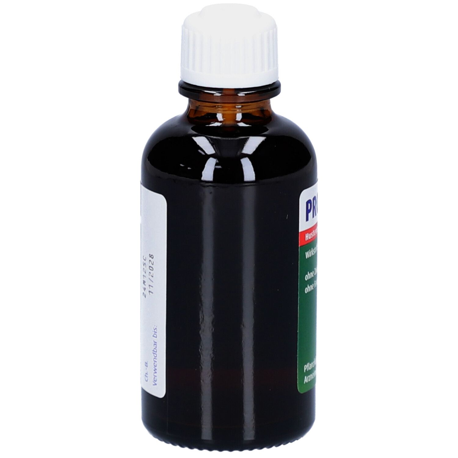 Braune Glasflasche mit weißem Verschluss. Etikett mit Produktinformationen. Aufgedruckt ist das Verfallsdatum 11/2028.