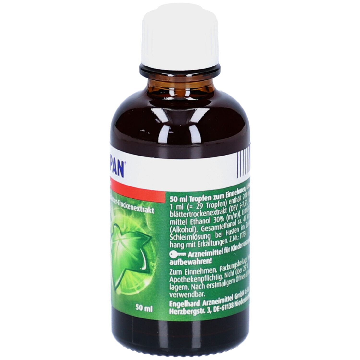 Braune Glasflasche mit weißem Verschluss. Etikett mit Produktinformationen. Aufgedruckt ist die Dosierung: 50 ml Tropfen.